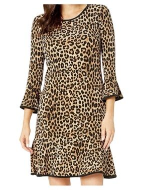 Michael Kors Women’s Leopard Print Long Sleeve Shift Dress - Tan & Black Size L